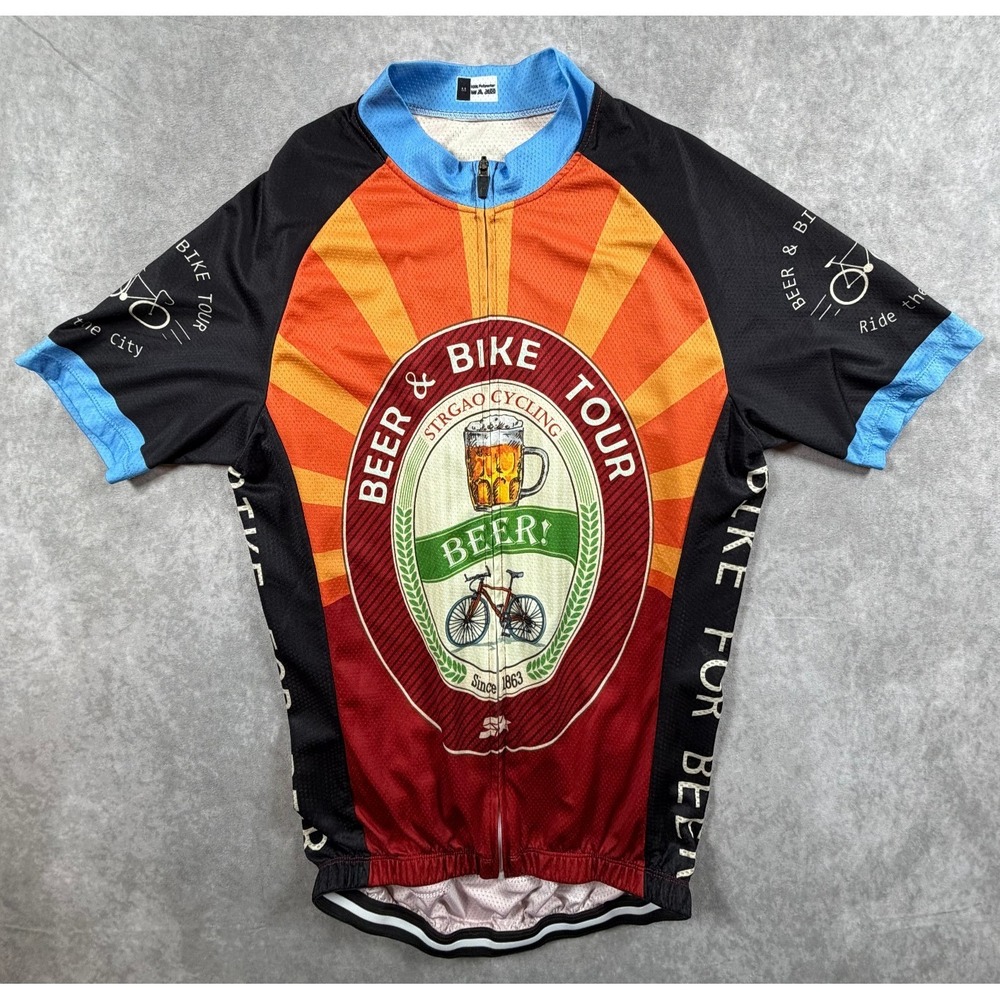 STRGAO Mens Medium Cycling Jersey Beer Bike Tour Full Zip Short Sleeve 3 Pocket